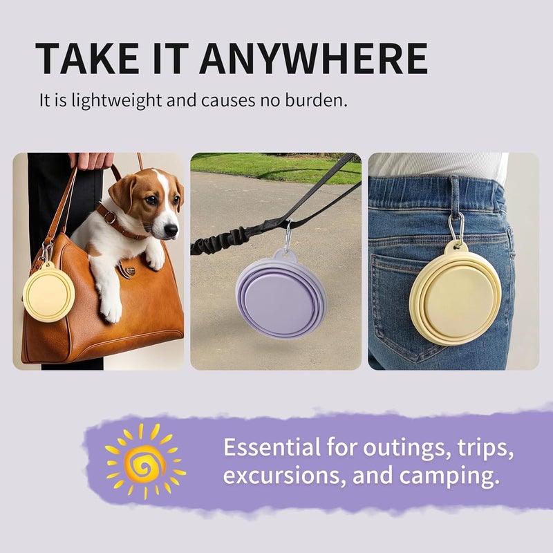 TECOPH Collapsible Dog Bowls 2-Pack, Portable Travel Dog Bowl with Carabiner, Food-Grade Silicone Pet Bowl for Hiking, Walking (Macaron Yellow and Violet) - Image 5